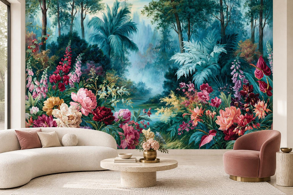 Misty turquoise forest floral wall mural in a living room with a curved cream sofa and a round travertine coffee table