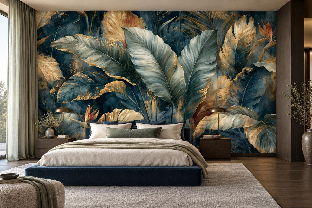 Silver green tropical leaf wallpaper mural behind a navy platform bed with linen bedding