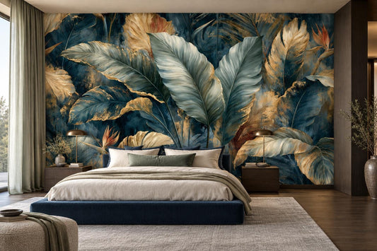 Silver green tropical leaf wallpaper mural behind a navy platform bed with linen bedding