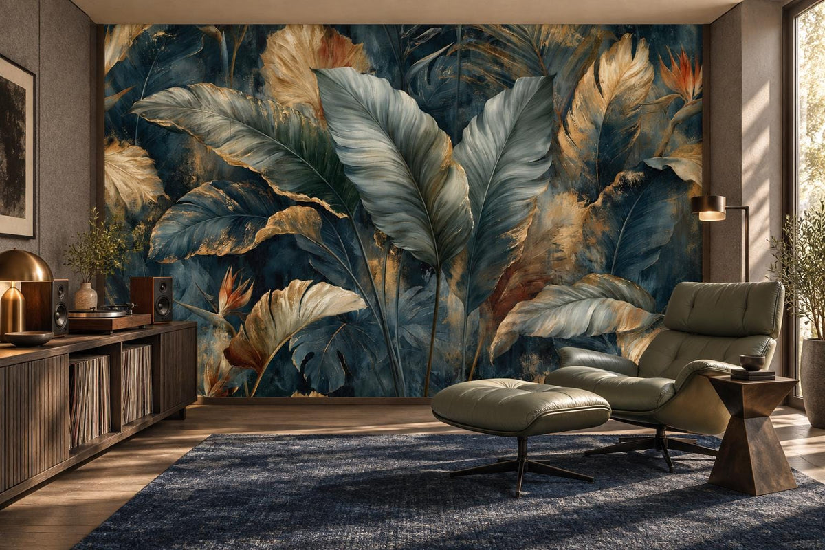 Gilded banana leaf wall mural in a listening room with an olive leather lounge chair and a vinyl console