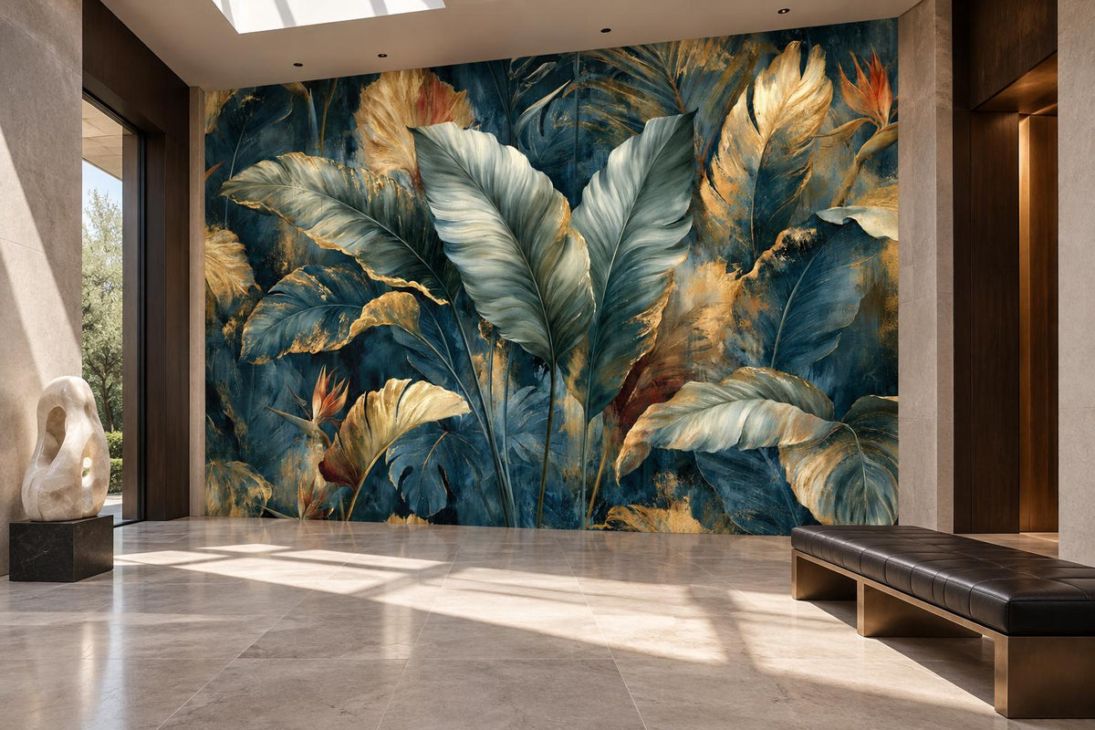Navy and gold tropical leaf mural in a marble entry gallery with a sculpture and a leather bench