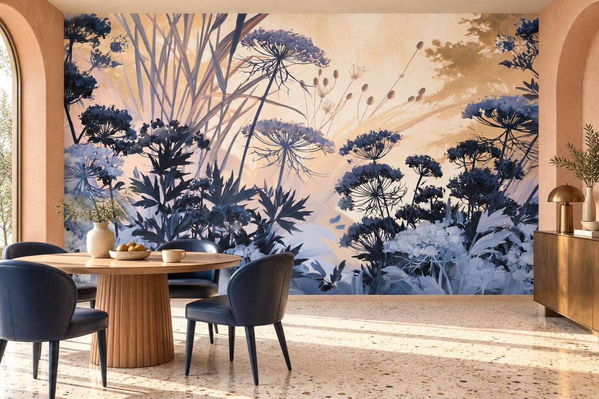 Navy wildflower silhouette wall mural with a peach sunset sky in a dining nook with a round oak table and navy chairs