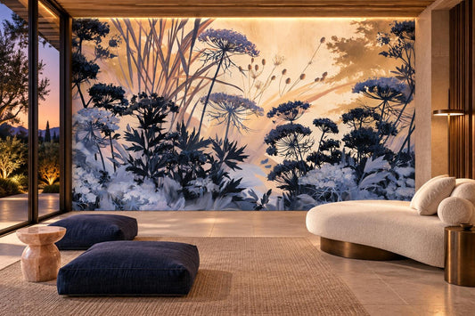 Navy wildflower and peach sky mural in a lounge with two navy floor cushions, a cream curved bench and floor-to-ceiling glass