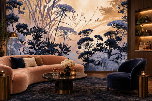 Navy umbel wildflower wall mural behind a blush velvet curved sofa, a navy armchair and a black marble coffee table