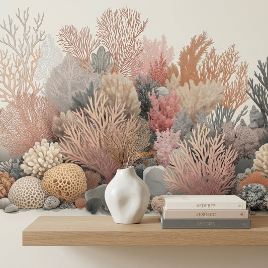 Pastel Coral Reef Wallpaper Mural Vintage Coastal Botanical Art – peel and stick wallpaper mural, Golden Era Walls