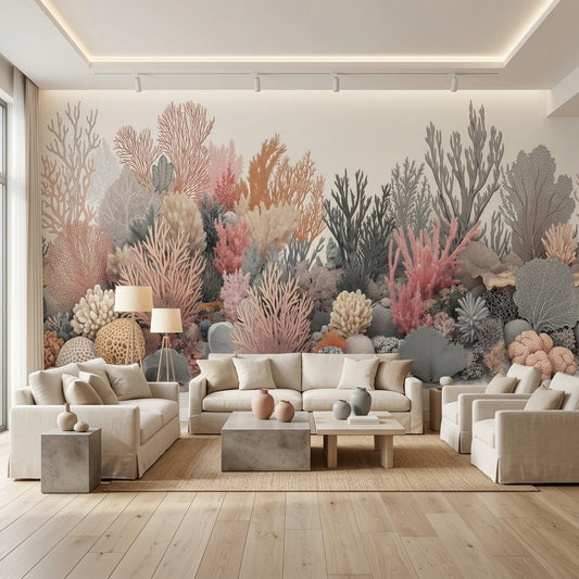 Pastel Coral Reef Wallpaper Mural Vintage Coastal Botanical Art – room setting, Golden Era Walls