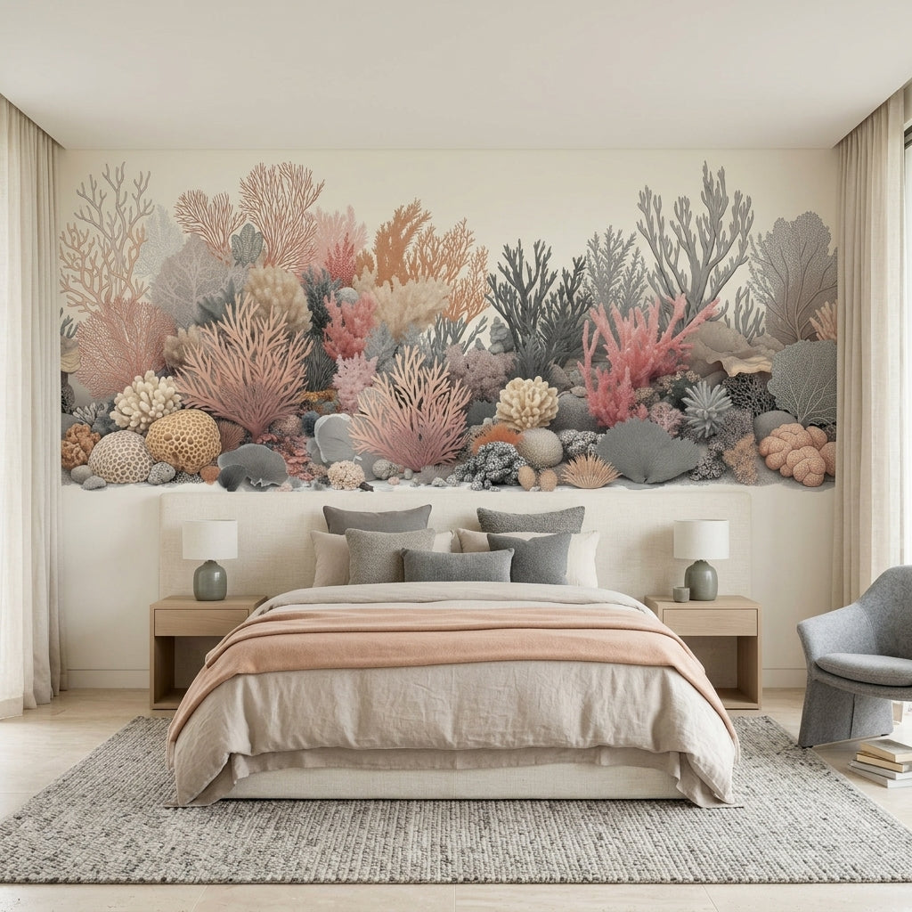 Pastel Coral Reef Wallpaper Mural Vintage Coastal Botanical Art – lifestyle view, Golden Era Walls