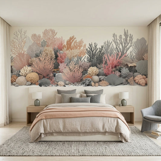 Pastel Coral Reef Wallpaper Mural Vintage Coastal Botanical Art – lifestyle view, Golden Era Walls