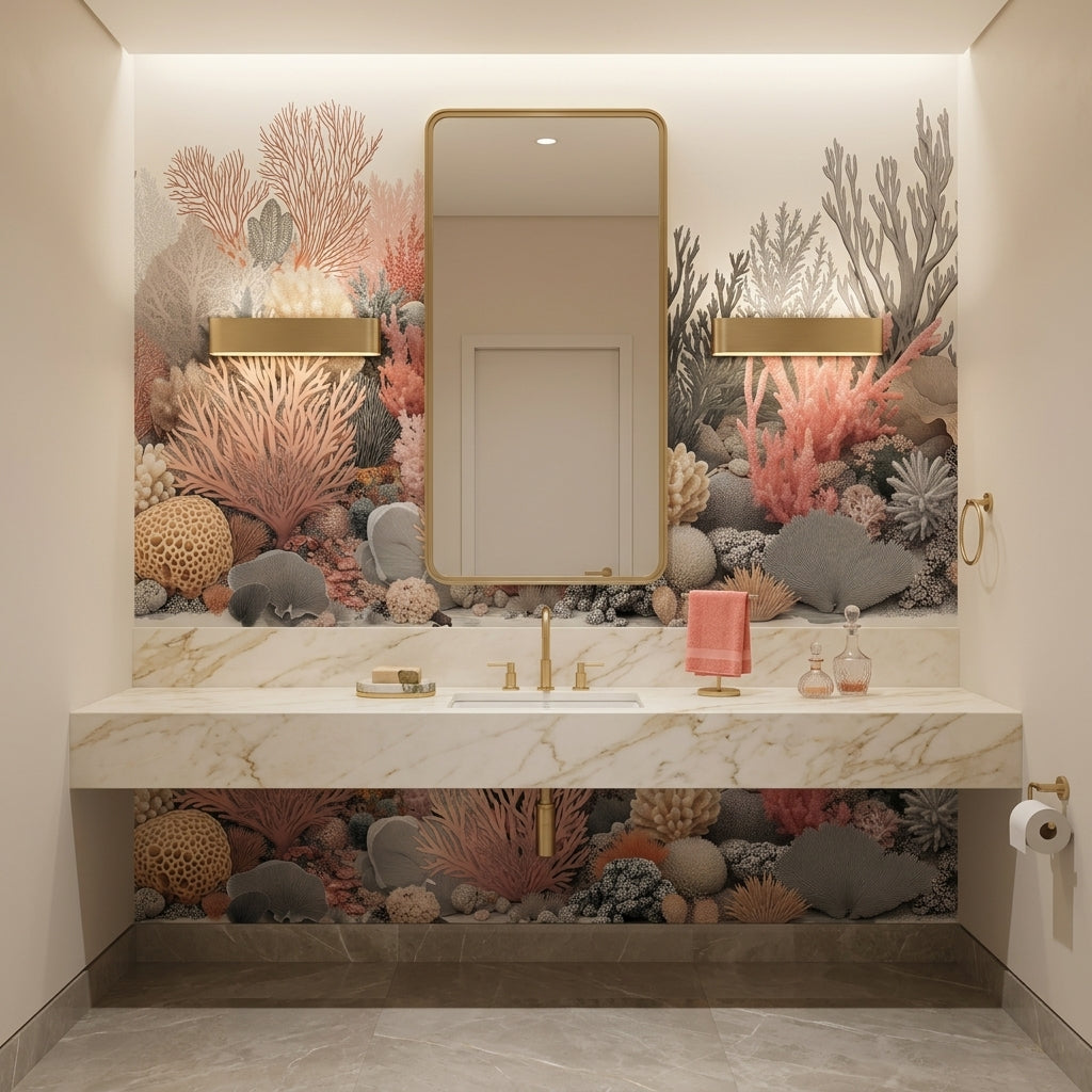 Pastel Coral Reef Wallpaper Mural Vintage Coastal Botanical Art – detail view, Golden Era Walls