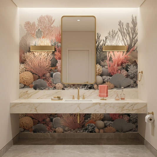 Pastel Coral Reef Wallpaper Mural Vintage Coastal Botanical Art – detail view, Golden Era Walls