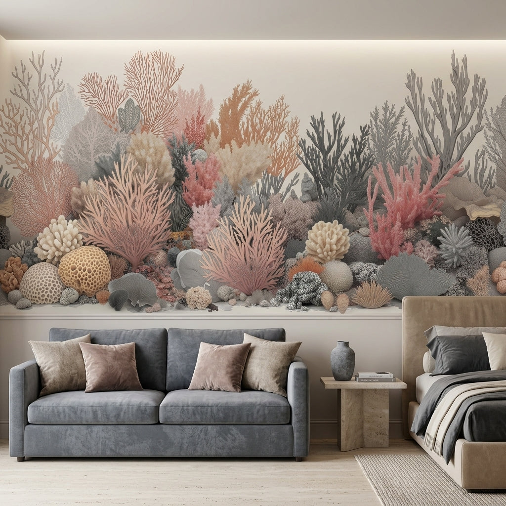 Pastel Coral Reef Wallpaper Mural Vintage Coastal Botanical Art – scale reference, Golden Era Walls
