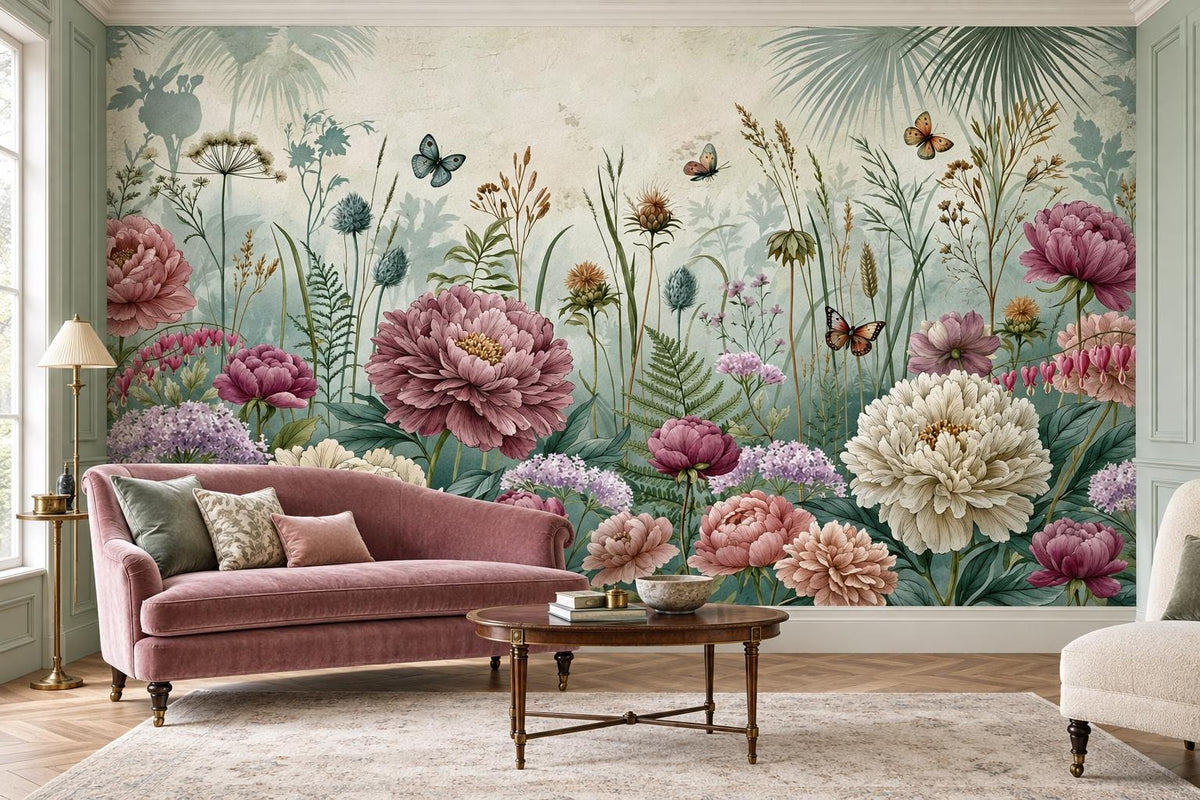 Mint green botanical wallpaper mural with peonies and butterflies behind a dusty-pink velvet sofa