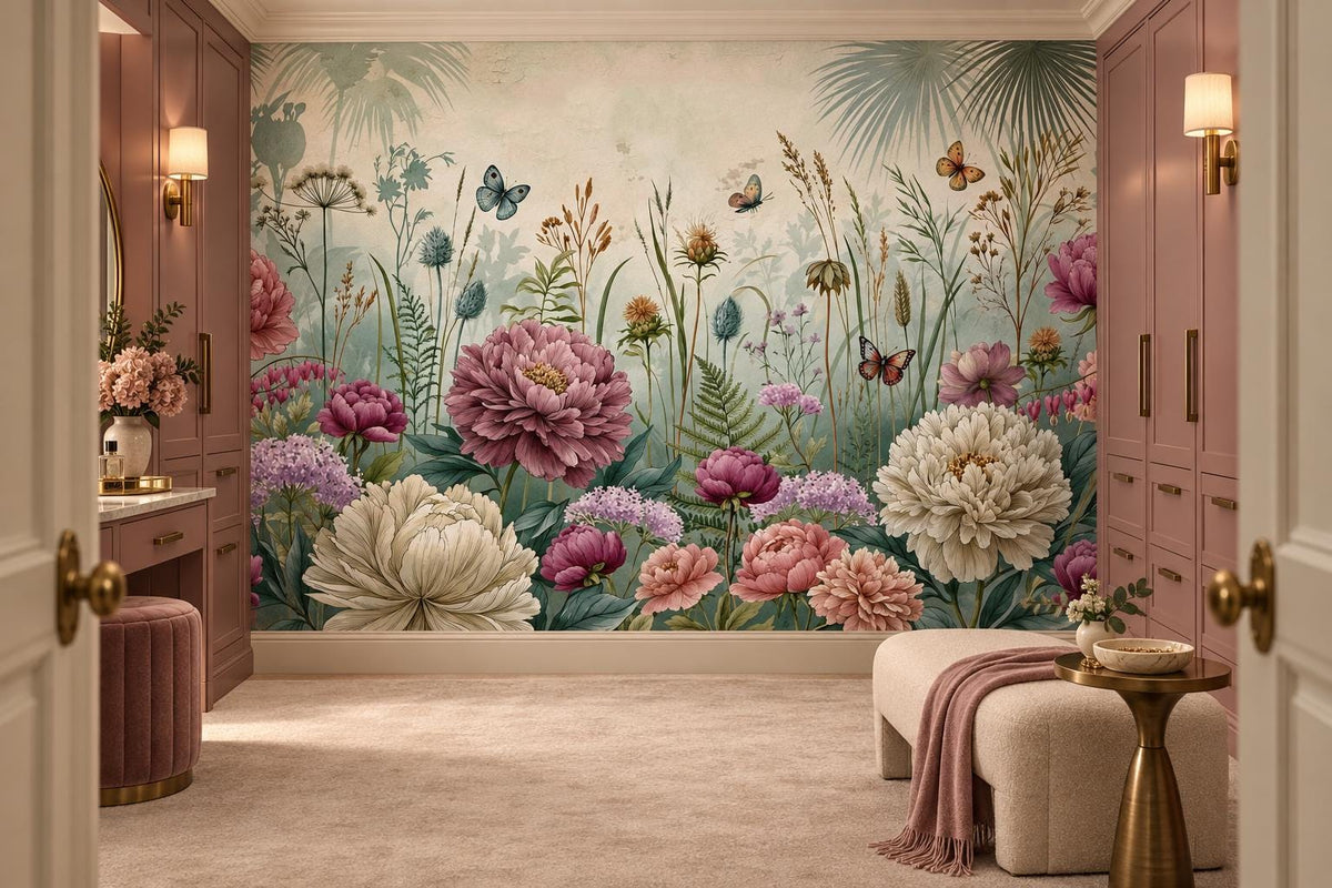 Peony and wildflower garden mural in a dressing room with blush cabinetry and a cream pouf