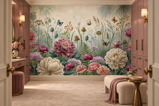 Peony and wildflower garden mural in a dressing room with blush cabinetry and a cream pouf