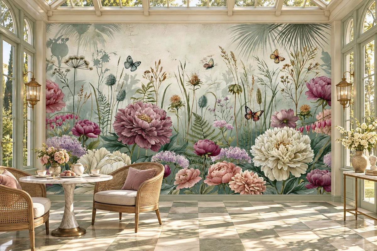 Pink peony and butterfly wall mural in a glass conservatory with rattan chairs and a marble bistro table