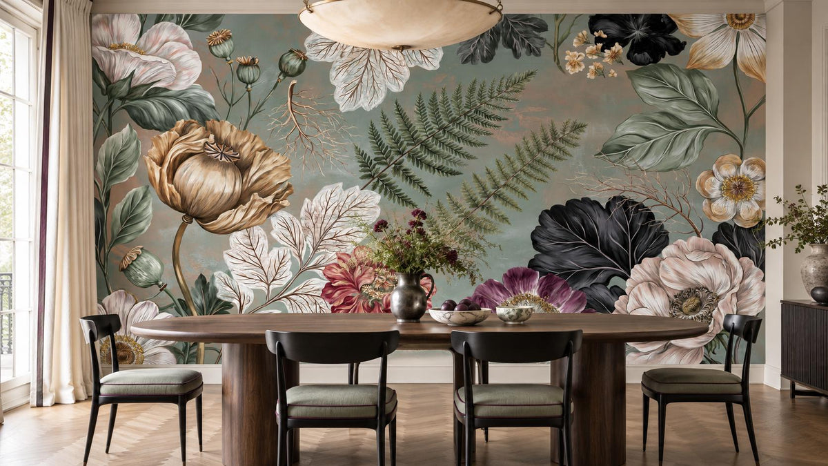 Poppy and fern wallpaper mural behind an oval walnut dining table with black chairs