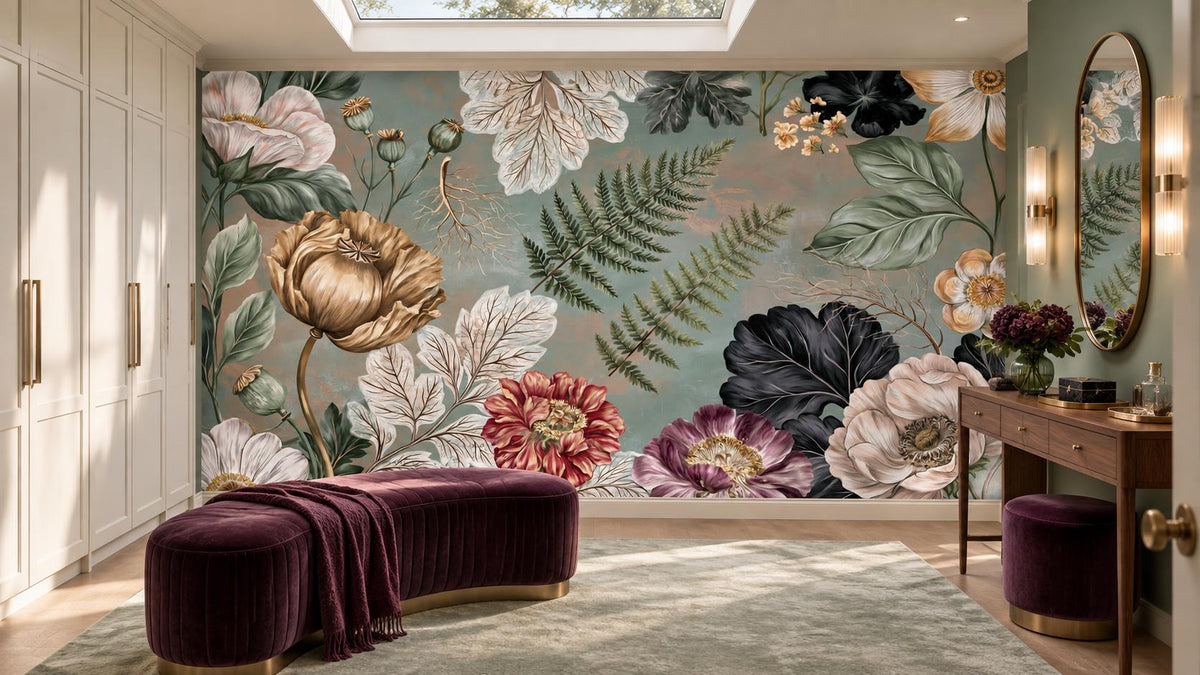 Sage green floral and fern wall mural in a dressing room with a plum curved bench and white wardrobes