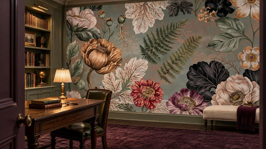 Blush poppy and fern botanical mural in a study with a wood desk and green built-in bookshelves