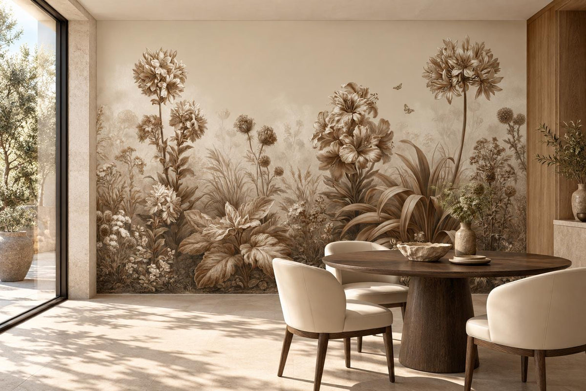 Sepia botanical meadow wall mural in a dining room with a round dark wood table and cream chairs beside a floor-to-ceiling window