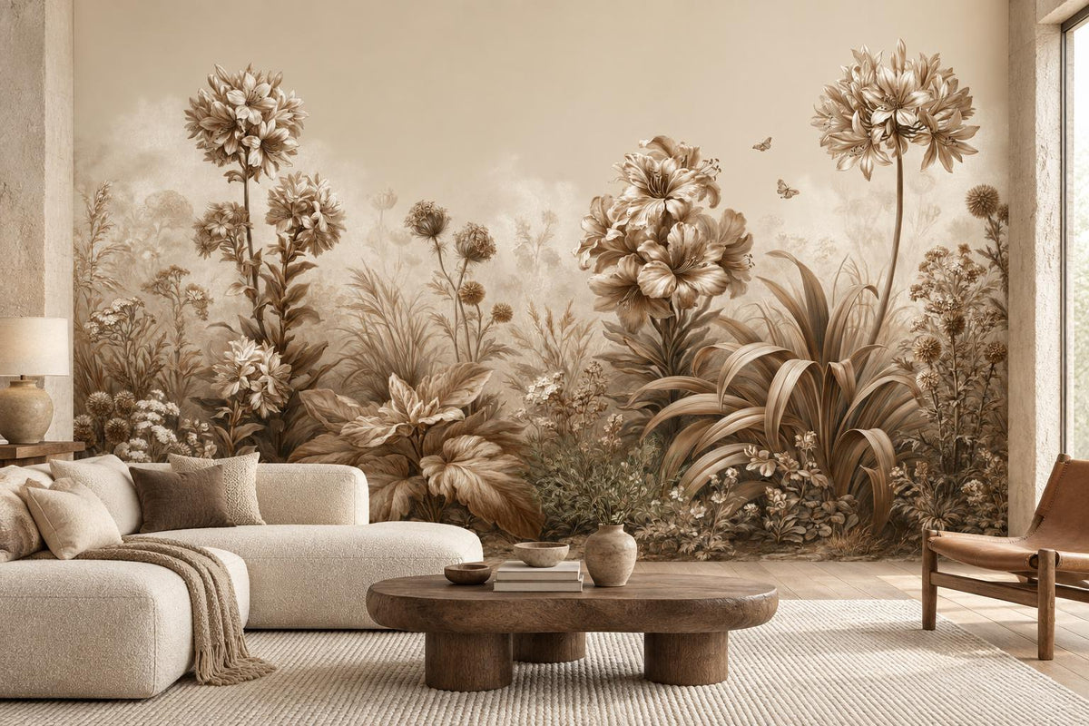 Neutral sepia floral wallpaper mural behind a white modular sofa and a round wood coffee table