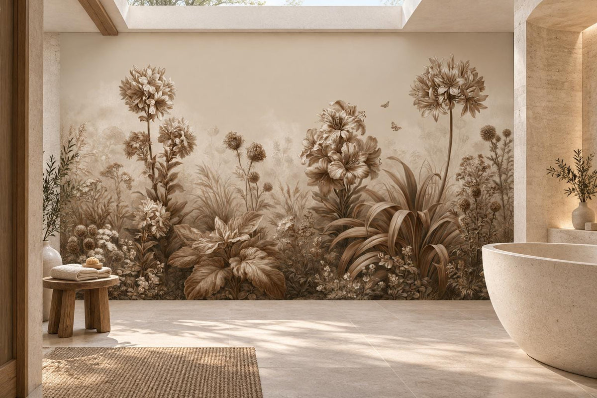 Brown and cream botanical mural in a spa bathroom with a freestanding stone tub and a skylight