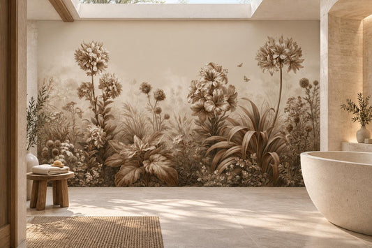 Brown and cream botanical mural in a spa bathroom with a freestanding stone tub and a skylight