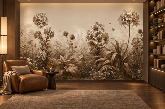 Vintage sepia flower wall mural in a library lounge with a tan leather armchair and built-in bookshelves
