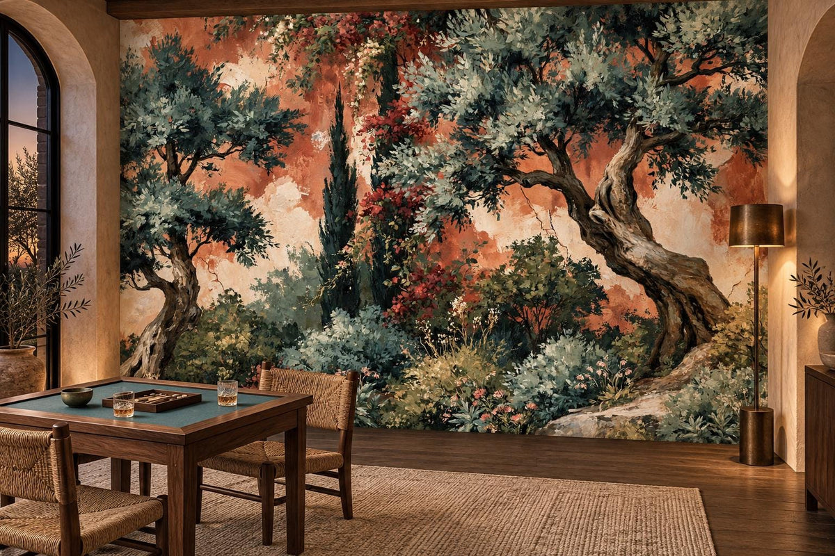 Tuscan olive tree and cypress landscape mural behind a square wood game table with woven chairs