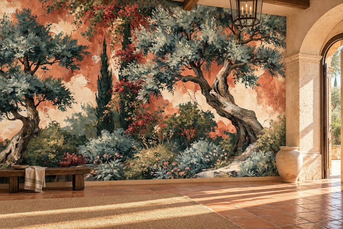 Olive grove wallpaper mural in a terracotta-tiled hall with a stone archway, a wood bench and a large clay pot