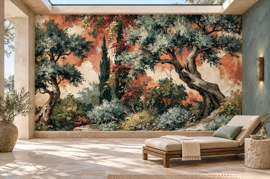 Terracotta and sage Tuscan landscape wall mural in a sunroom with a skylight and a cream chaise longue