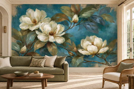 White magnolia on teal wall mural in a living room with a sage sofa and a rattan armchair