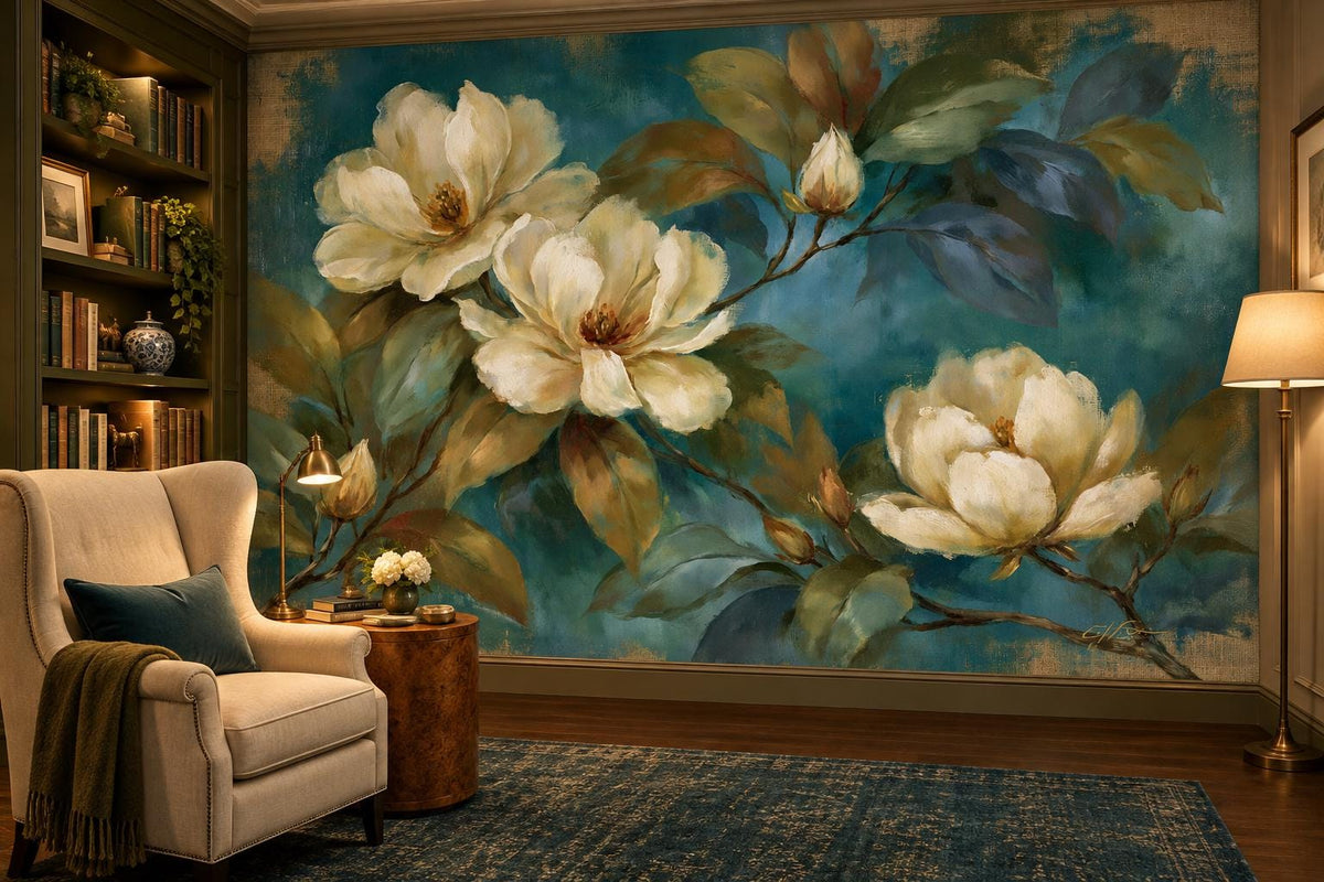 Ivory magnolia and olive leaf wallpaper mural in a library nook with a wingback armchair and built-in bookshelves