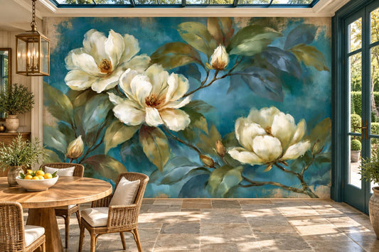 Teal blue magnolia branch mural in a dining room with a round wood table, rattan chairs and a teal glass door