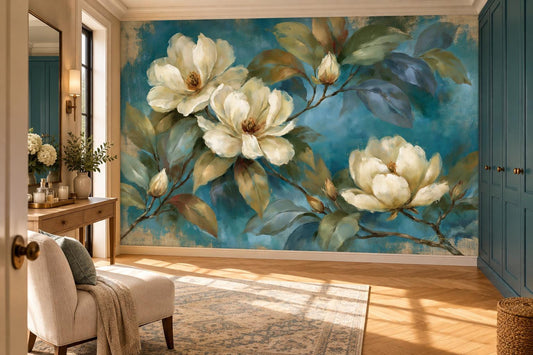 White magnolia and teal vintage floral wall mural in an entry with a console table and teal cabinetry