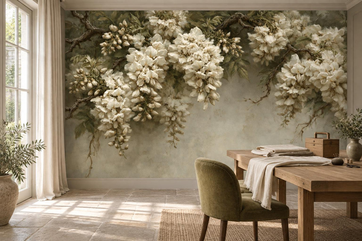 White blossom wall mural with olive green branches on aged gray-green plaster in a sunlit room with a reclaimed wood desk and an olive velvet chair