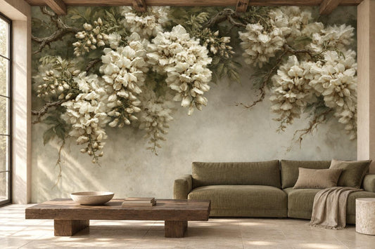 Cascading white flower wallpaper mural behind an olive green sofa and a reclaimed wood coffee table