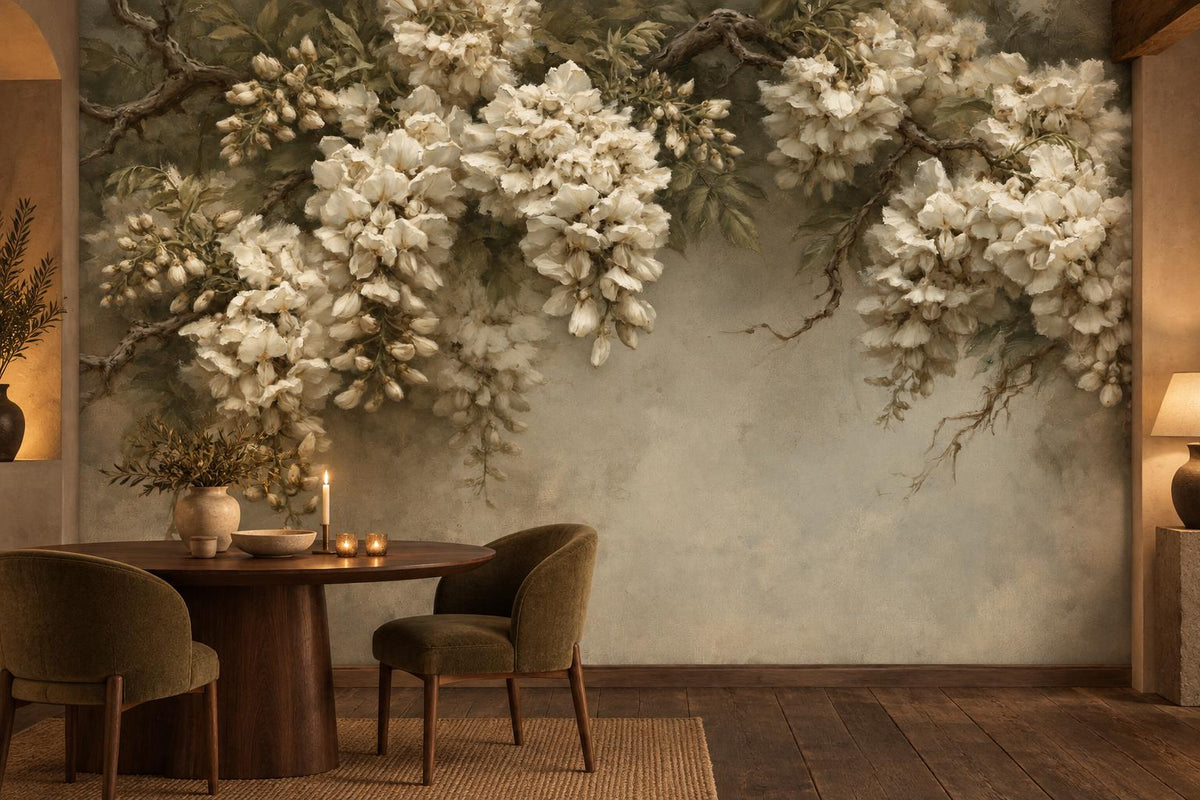 White blossom and olive branch wall mural in a dining nook with a round wood table and olive velvet chairs