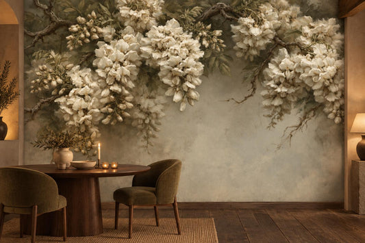 White blossom and olive branch wall mural in a dining nook with a round wood table and olive velvet chairs