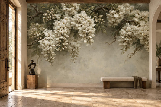 Creamy white blossom mural in a stone-floored entry hall with a wood bench and a sculpture on a wooden crate